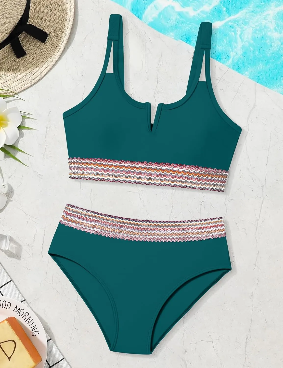 Girls Swimsuit High Waisted Bathing Suit for Girls V-Neck Cutout Two Piece Swimwear Color Block Welt Bikini Set 9-16y