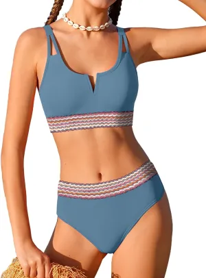 Girls Swimsuit High Waisted Bathing Suit for Girls V-Neck Cutout Two Piece Swimwear Color Block Welt Bikini Set 9-16y
