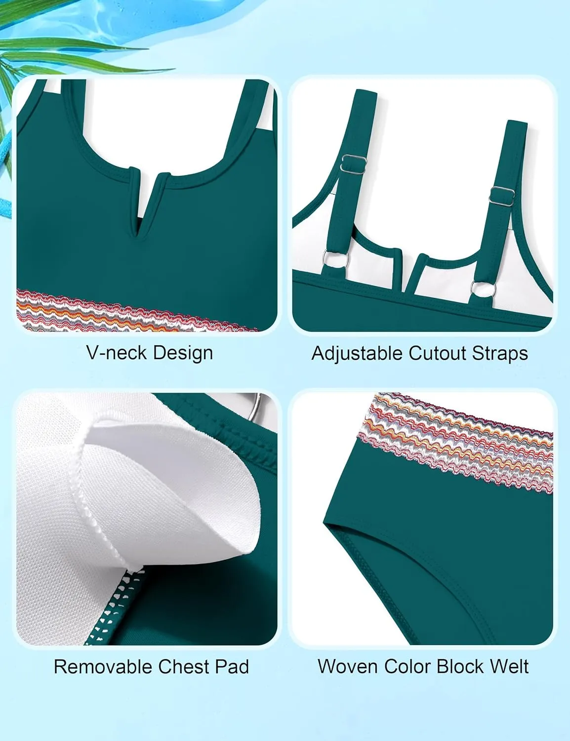 Girls Swimsuit High Waisted Bathing Suit for Girls V-Neck Cutout Two Piece Swimwear Color Block Welt Bikini Set 9-16y