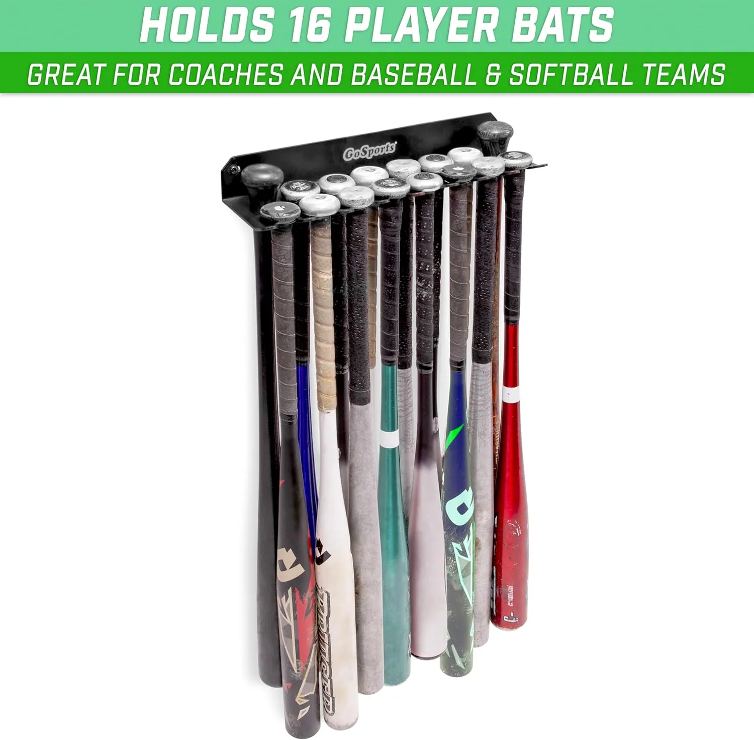 GoSports Baseball & Softball Bat Rack - Holds 16 Bats - Mount on Wall or Clip on Dugout Fence - Black