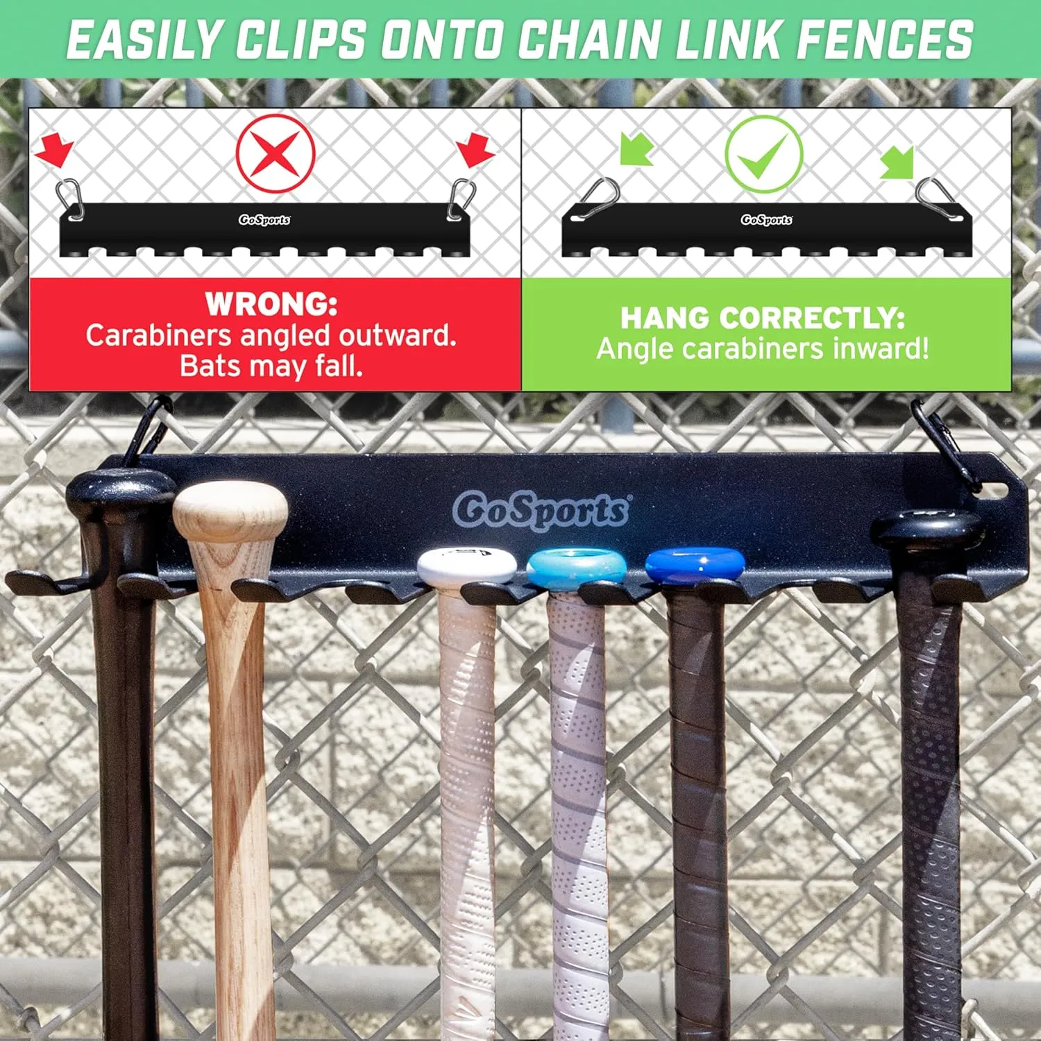 GoSports Baseball & Softball Bat Rack - Holds 16 Bats - Mount on Wall or Clip on Dugout Fence - Black