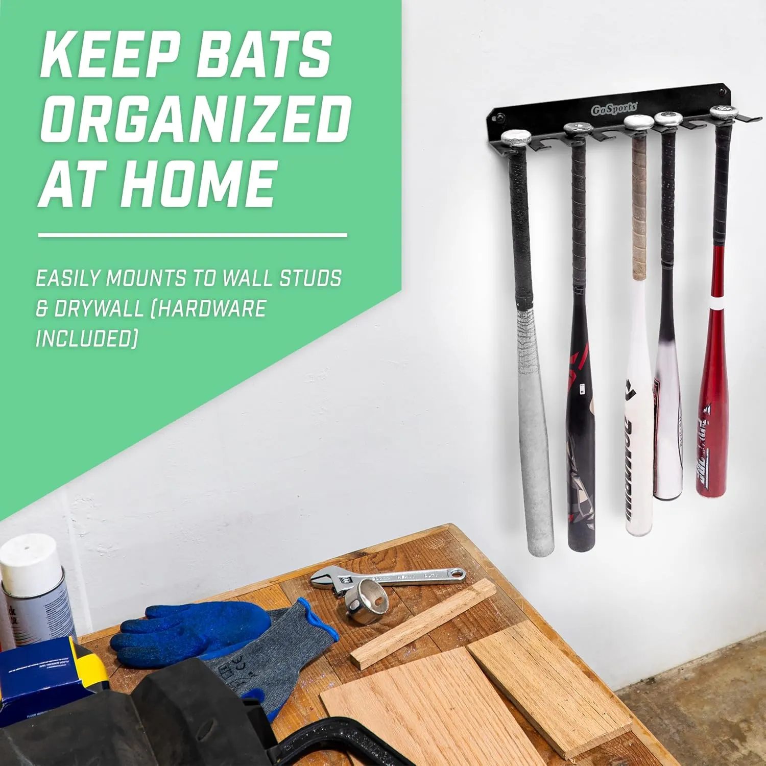 GoSports Baseball & Softball Bat Rack - Holds 16 Bats - Mount on Wall or Clip on Dugout Fence - Black