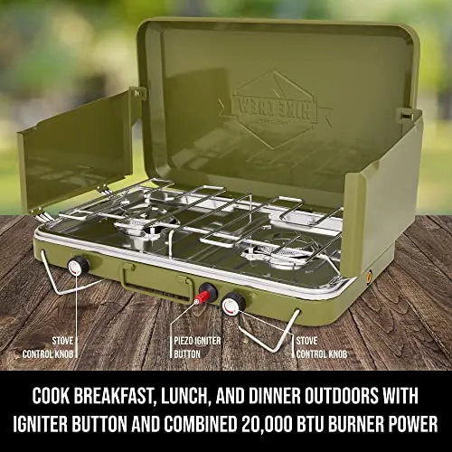 Hike Crew Gas Camping Stove | 20,000 BTU Portable Propane 2 Burner