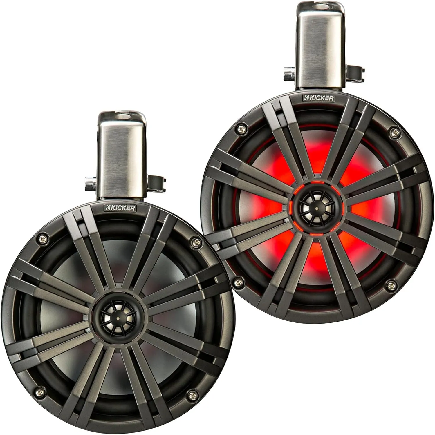 Kicker KMTC8 8" Loaded Marine Wake Tower Enclosures with 45KM84L Speakers - Charcoal Grills with Black Enclosures