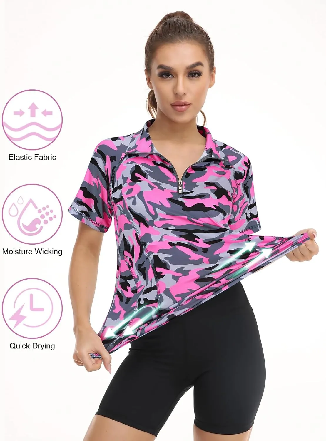 Koscacy Womens Quarter Zip Polo Shirts Short Sleeve Quick Dry Golf Tennis Athletic Tops (S-2XL)