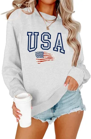 Lacozy Womens USA Sweatshirt Long Sleeve Crew Neck 4th of july shirts Casual American Flag Sweater Loose Fit Pullover Tops