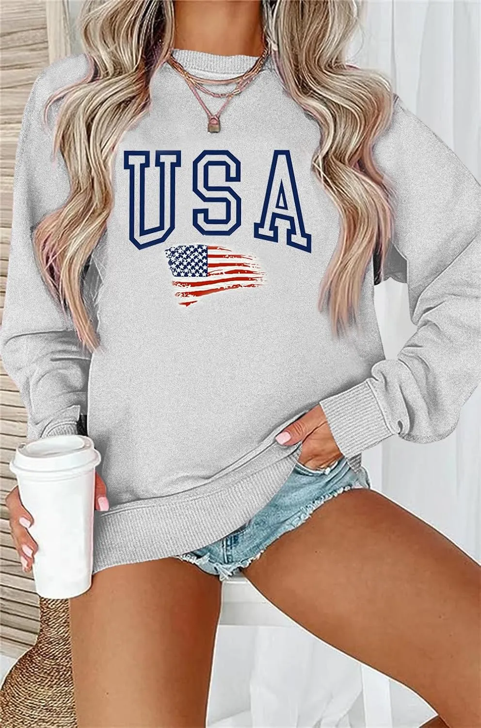 Lacozy Womens USA Sweatshirt Long Sleeve Crew Neck 4th of july shirts Casual American Flag Sweater Loose Fit Pullover Tops