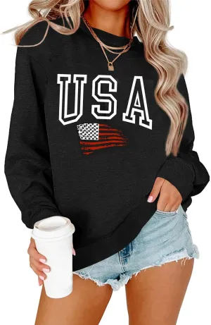 Lacozy Womens USA Sweatshirt Long Sleeve Crew Neck 4th of july shirts Casual American Flag Sweater Loose Fit Pullover Tops