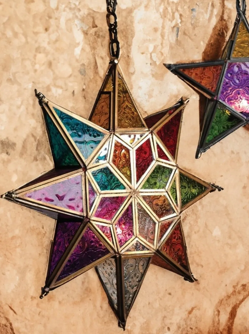 Large Star Lantern with Multi Colour Glass