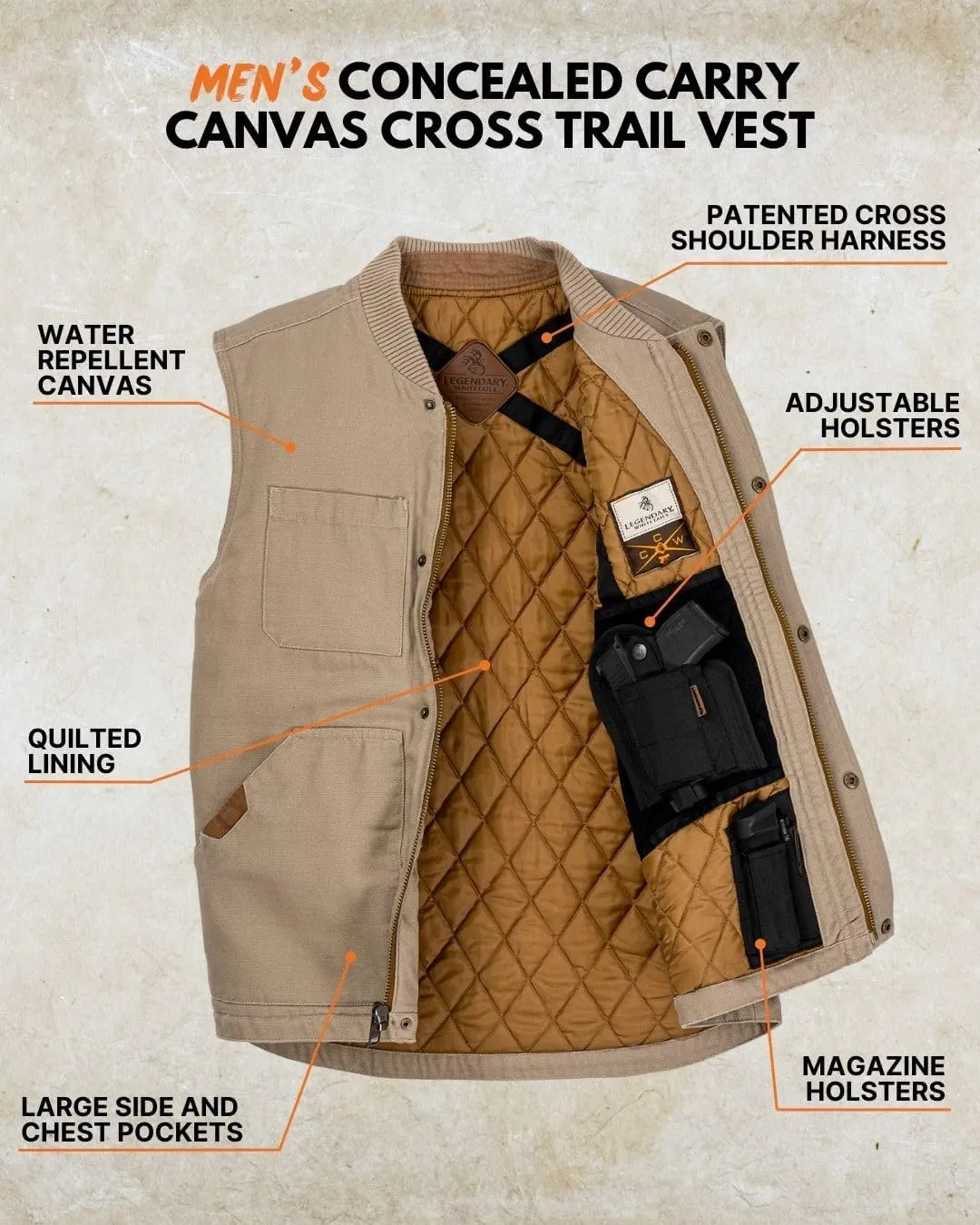 Legendary Whitetails Men's Concealed Carry Outerwear Vest for Men, Canvas Cross Trail Conceal CCW Holster, Hunting Insulated