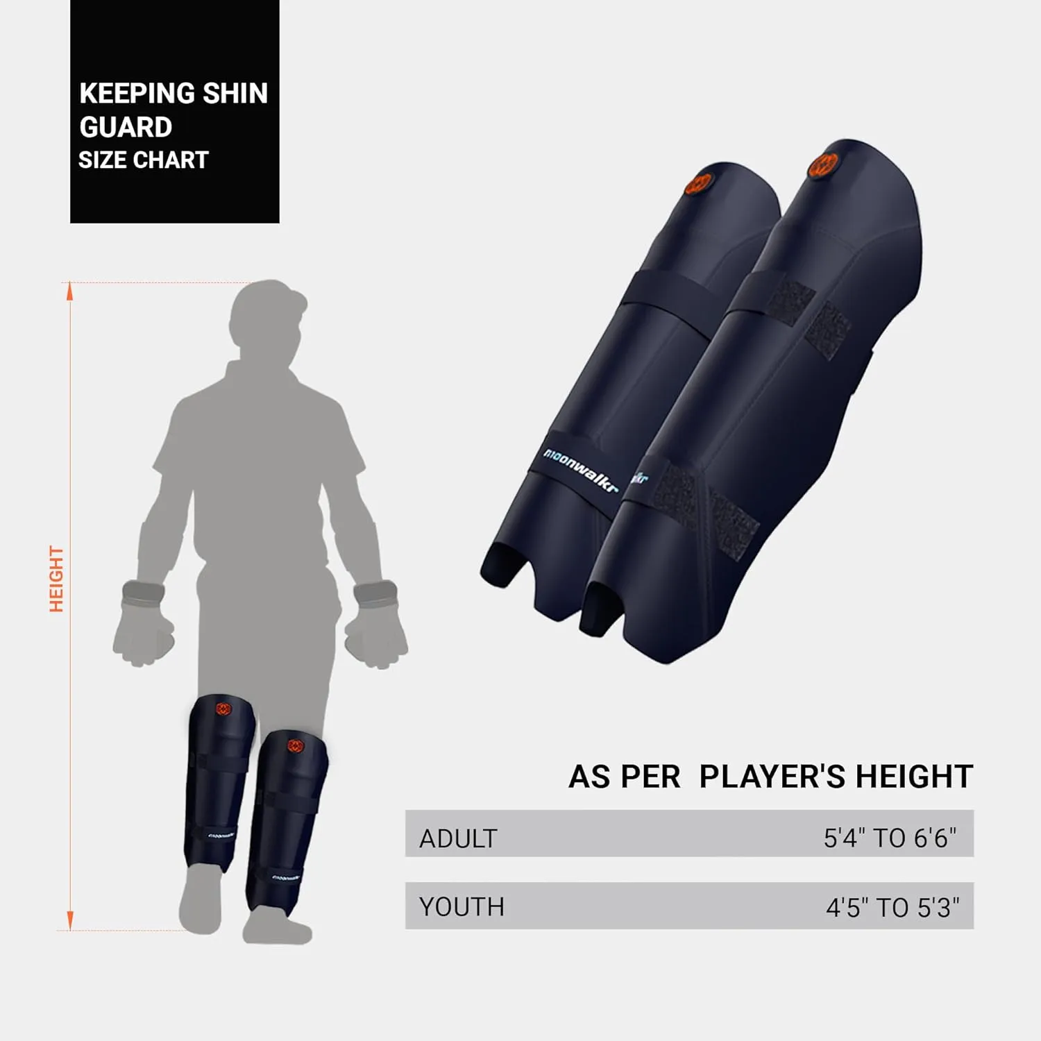 moonwalkr Cricket Wicket Keeping Shin Guards Cricket Guard for Keeper's Height (4'5" - 6'6") Wicket Keeping Pads Super Slim Gear Comes with a 3-inch Strap