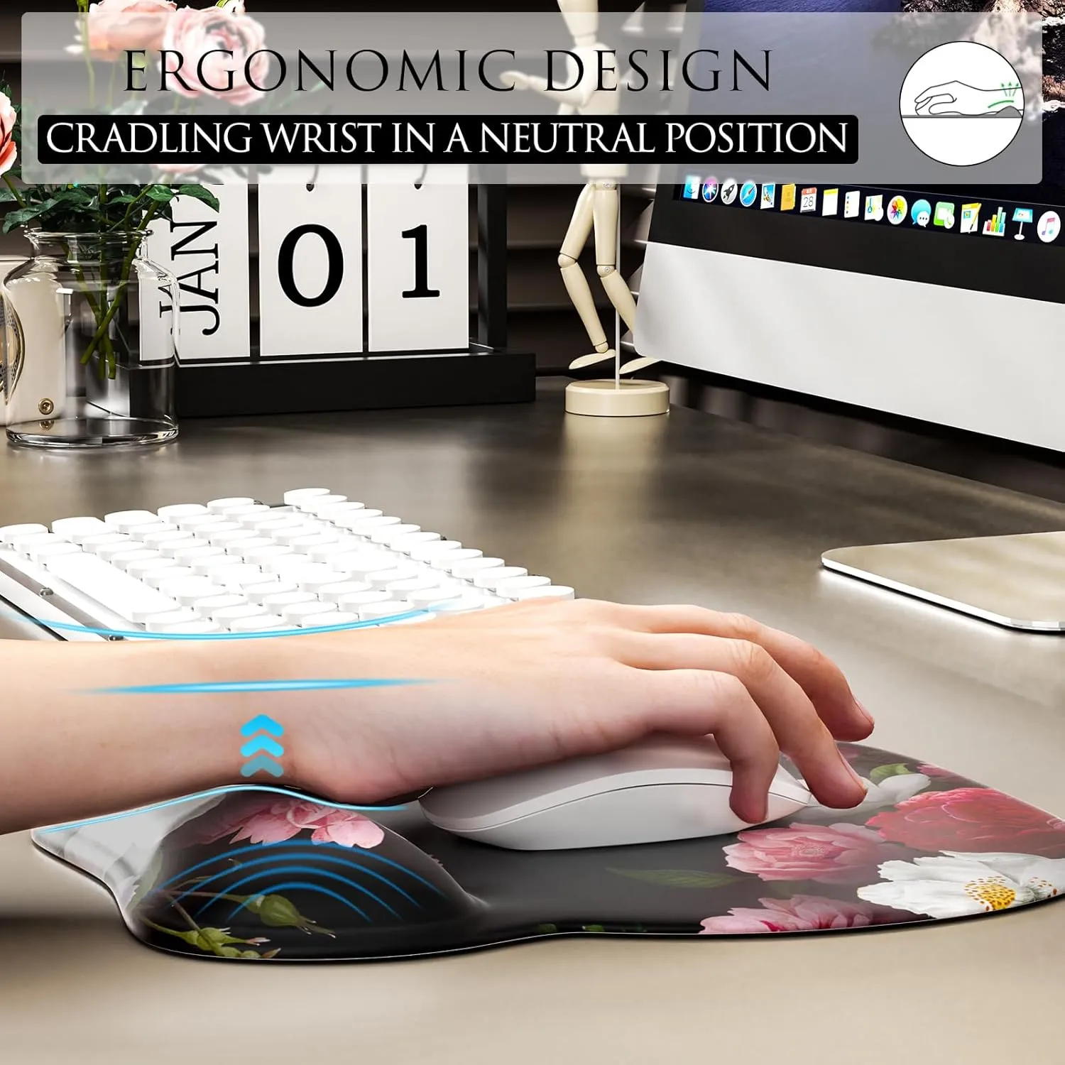 MROCO Ergonomic Mouse Pad with Gel Wrist Rest, Comfortable Mousepad with Smooth Wrist Support Surface and Non-Slip PU Base for Pain Relief, Computer, Laptop, Office & Home, 9.4 x 8.1 in, Black Flower