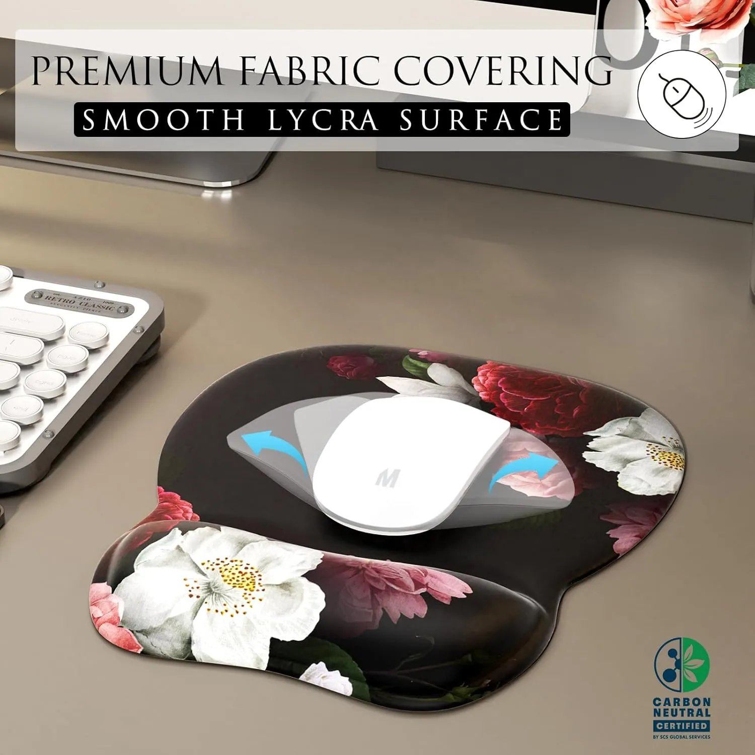 MROCO Ergonomic Mouse Pad with Gel Wrist Rest, Comfortable Mousepad with Smooth Wrist Support Surface and Non-Slip PU Base for Pain Relief, Computer, Laptop, Office & Home, 9.4 x 8.1 in, Black Flower