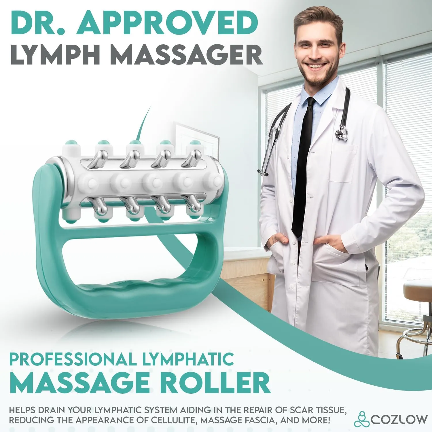 MyoRelease Lymphatic Drainage Massager (Green), Ultimate Fascia Release & Scar Tissue Massage Tool, Personal Handheld Massage Roller for Shoulder, Neck, Thigh, Leg & Back