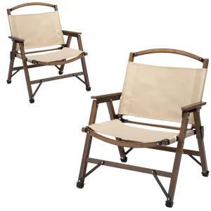 NNEDSZ 2x Bamboo Foldable Outdoor Camping Chair Wooden Travel Picnic Park Folding - Khaki/Beige