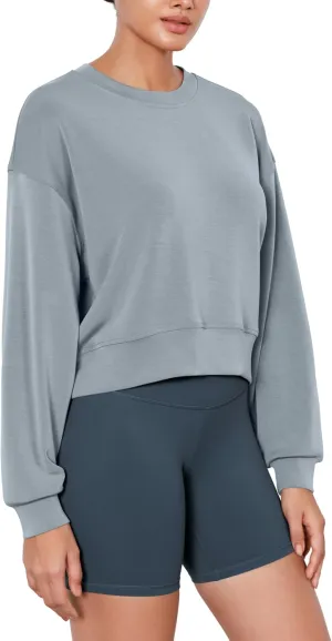 ODODOS Modal Soft Long Sleeve Cropped Sweatshirts for Women Oversized Crew Neck Pullover Crop Top