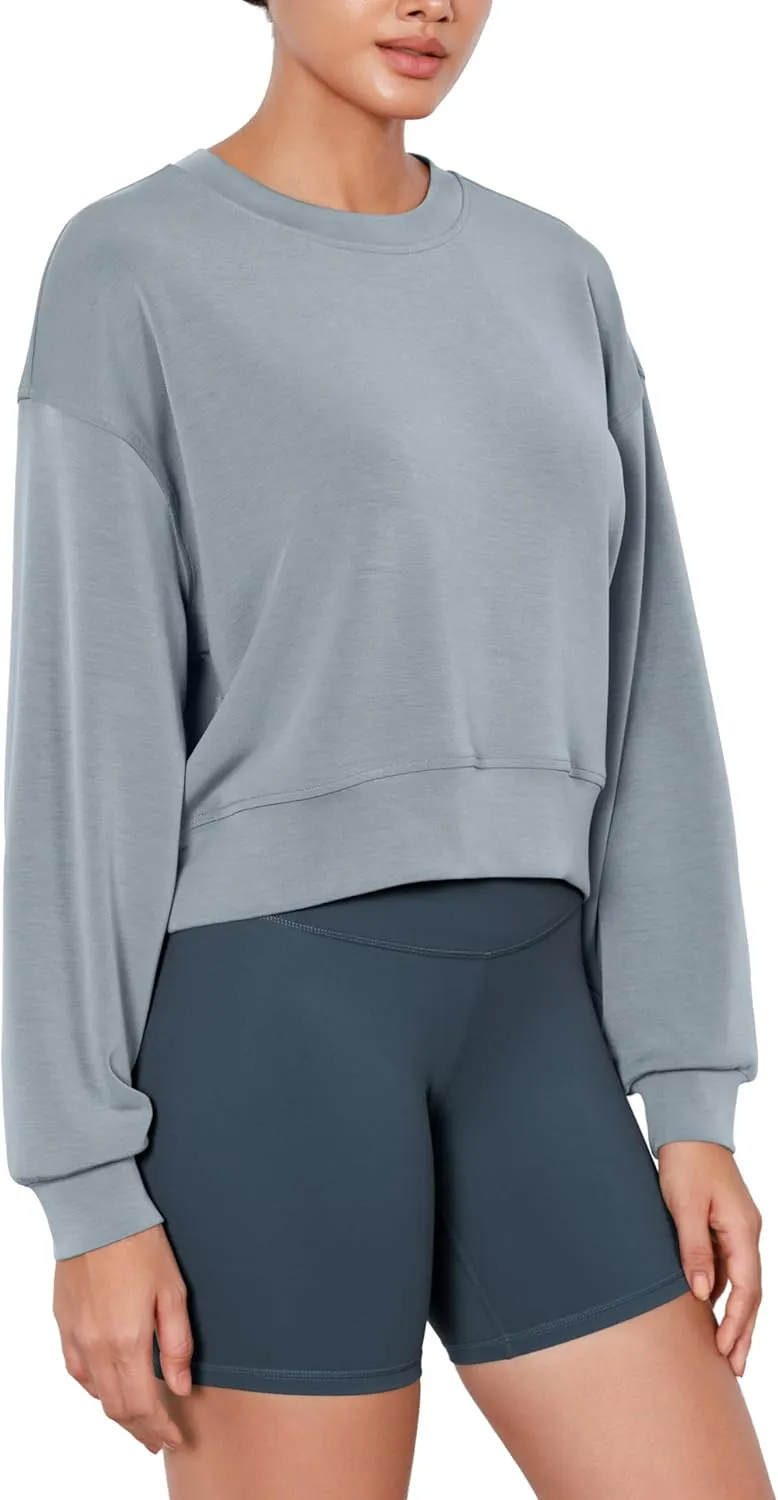 ODODOS Modal Soft Long Sleeve Cropped Sweatshirts for Women Oversized Crew Neck Pullover Crop Top
