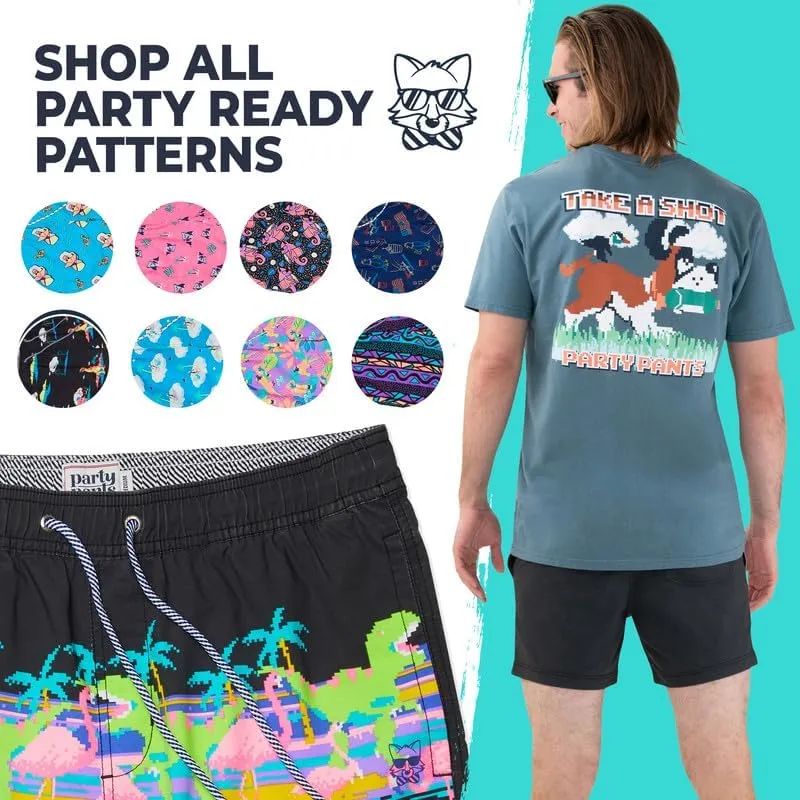 Party Pants USA Mens Swim Trunks, Characters, Stretch Swimming Board Shorts, 5.5 Inseam