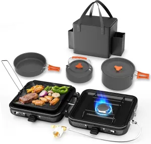 Portable 2 Burner Camping Stove Set ?C 20,000 BTU Dual Fuel Gas Stove for Propane & Butane, with Griddle, Frying Pan, Kettle, Pot, Lid & Carry Bag ?C Tailgating & Camping Outdoor Cooking Kit (Black)