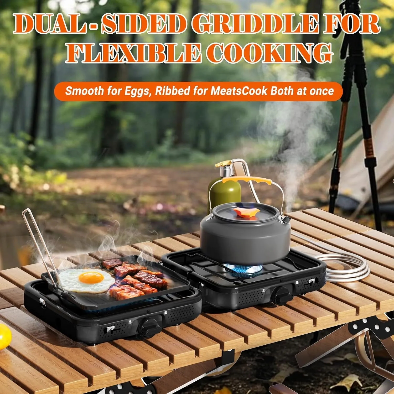 Portable 2 Burner Camping Stove Set ?C 20,000 BTU Dual Fuel Gas Stove for Propane & Butane, with Griddle, Frying Pan, Kettle, Pot, Lid & Carry Bag ?C Tailgating & Camping Outdoor Cooking Kit (Black)