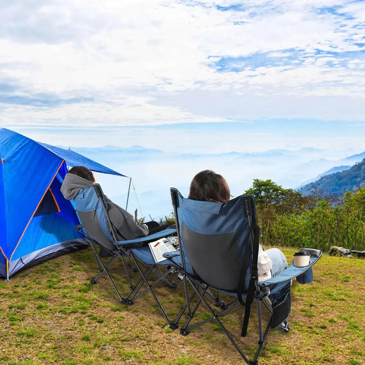 Portable Folding Reclining Camp Chairs with Removable Footrest and Adjustable Backrest, Blue