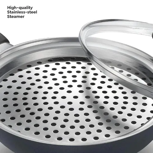 prestige omega deluxe granite multi-pan cookware 20cm with egg poacher, steamer and glass lid