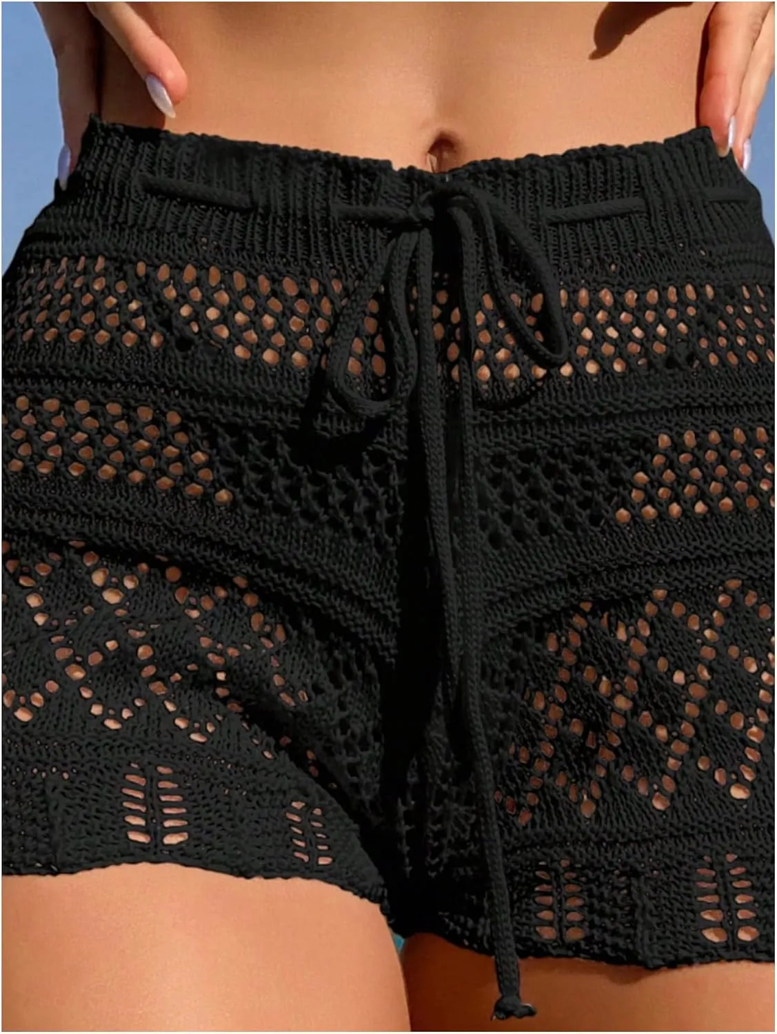SHENHE Women's Crochet Cover Up Shorts Hollow Out Tie Front Sheer Beach Shorts Coverups