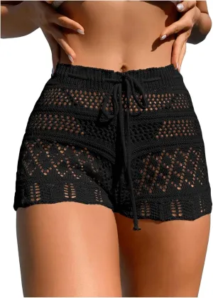 SHENHE Women's Crochet Cover Up Shorts Hollow Out Tie Front Sheer Beach Shorts Coverups