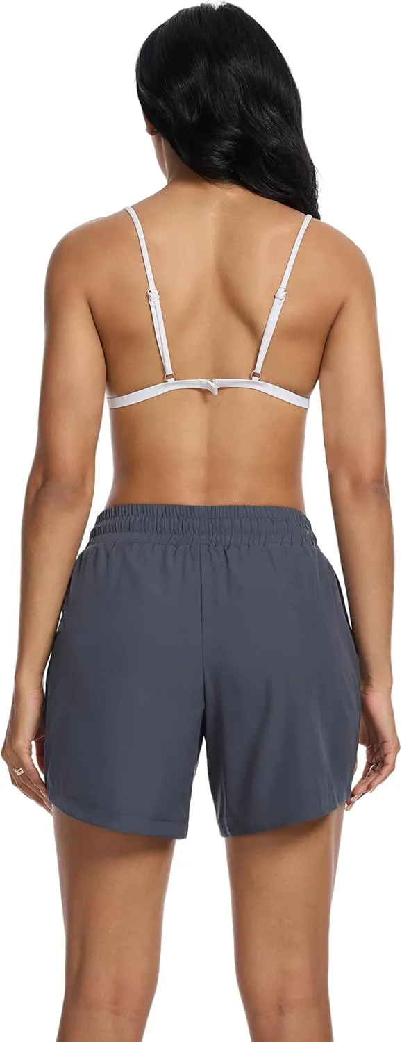 SILKWORLD Women's 5'' Swim Board Shorts 2 in 1 High Waisted Quick Dry Summer Swimming Swimsuit Bottoms with Zipper Pocket