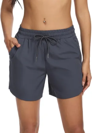 SILKWORLD Women's 5'' Swim Board Shorts 2 in 1 High Waisted Quick Dry Summer Swimming Swimsuit Bottoms with Zipper Pocket