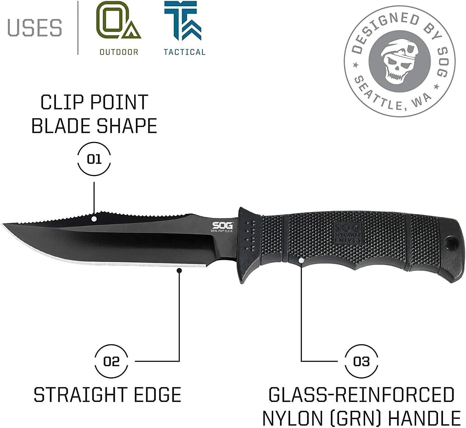 SOG Fixed Blade Knives with Sheath - SEAL Pup Elite Survival Knife, Hunting Knife w/ 4.85 Inch AUS-8 Bowie Knife Blade for a Tactical Knife (E37SN-CP)