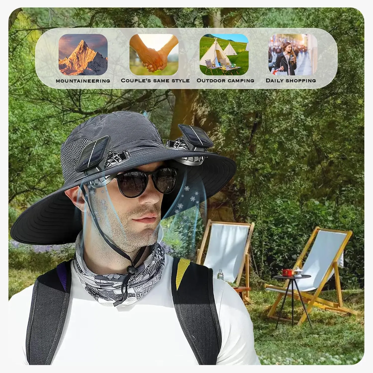 Solar Fan Hat,Wide Brim Solar Fan Hat, Solar   USB Dual Power SupplyPerfect for Outdoor Fishing, Camping Enthusiasts