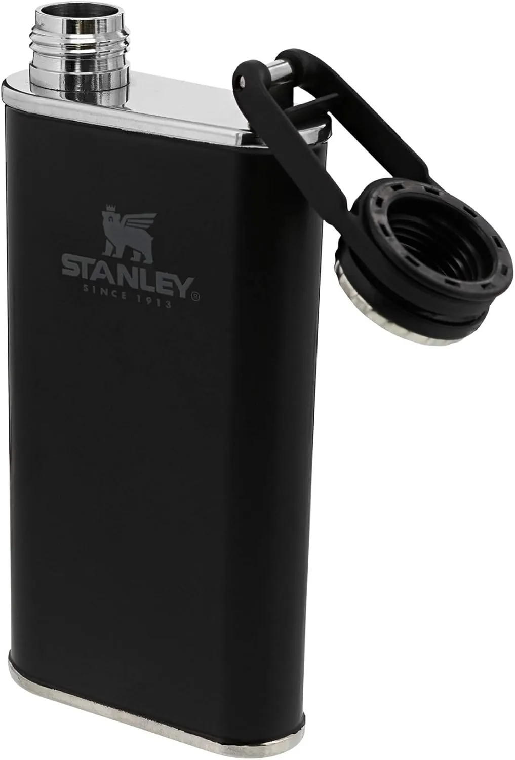 Stanley Classic Easy Fill Wide Mouth Flask 8 oz | Leakproof Hip Flask | Hinge Connected Never Lose Cap | Insulated Stainless Steel Liquor Container | BPA-Free | Matte Black