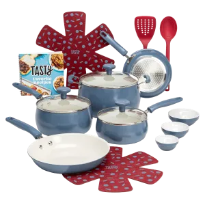 Tasty Clean Ceramic 16 Piece Non-Stick Aluminum Cookware Set, Slate Blue