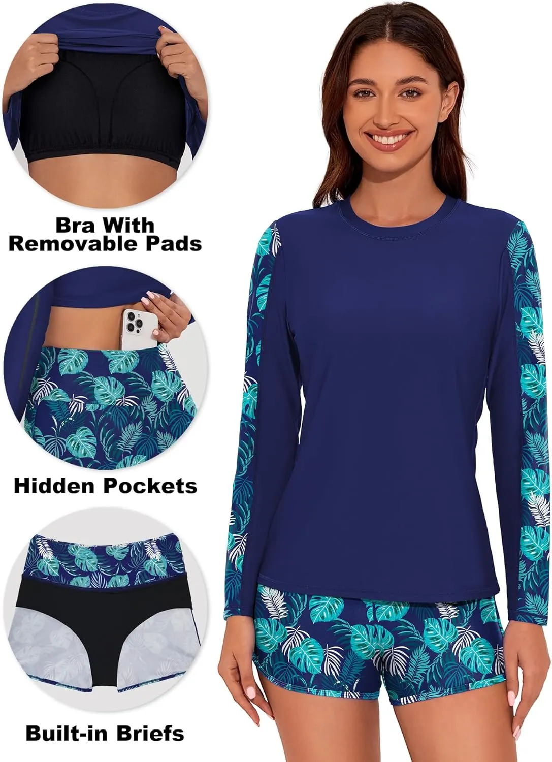 Tournesol Women's 2 Piece Rash Guard Long Sleeve Swim Shirt UPF 50  Swimsuit Built in Bra Bathing Suit with Boyshorts