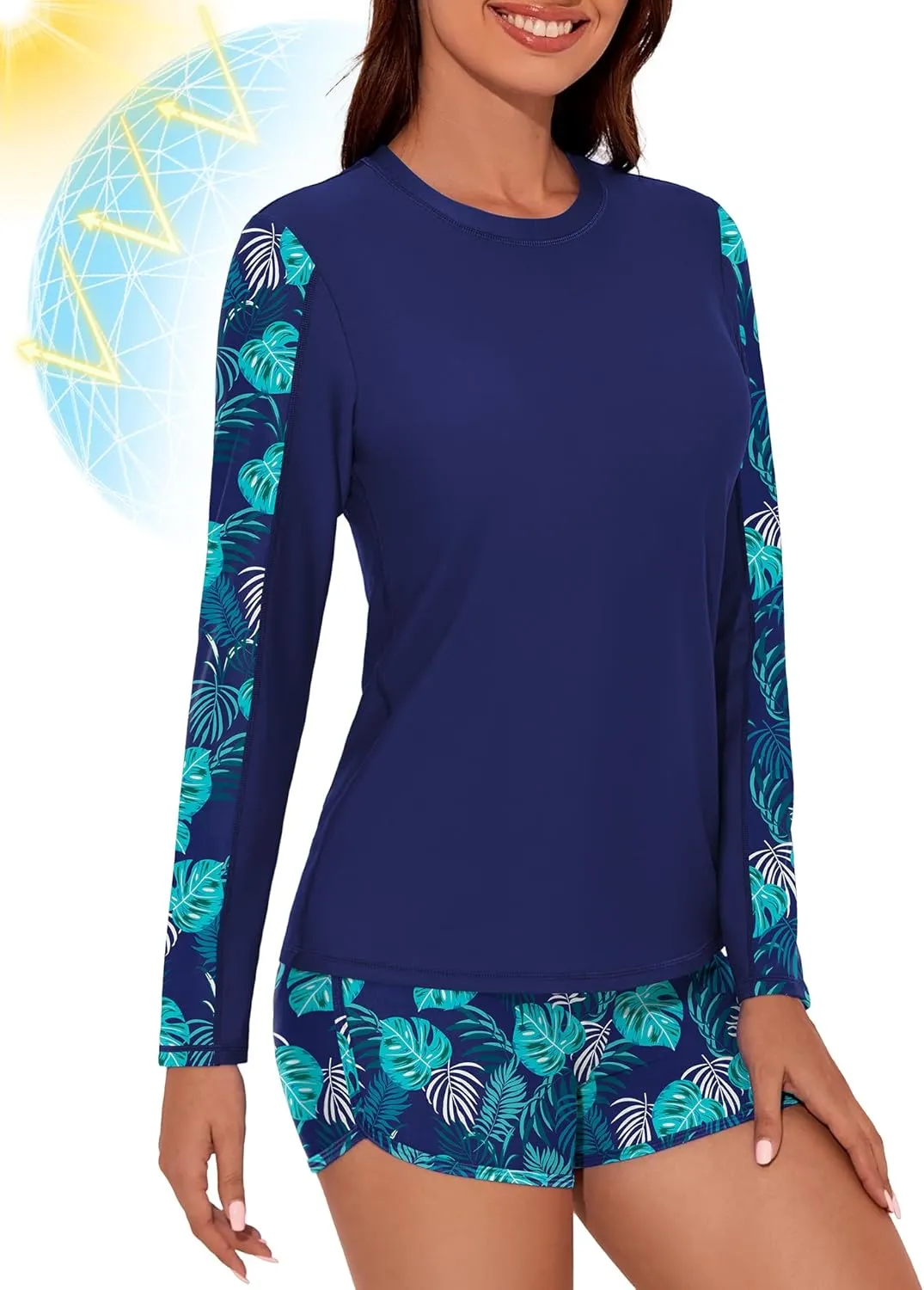 Tournesol Women's 2 Piece Rash Guard Long Sleeve Swim Shirt UPF 50  Swimsuit Built in Bra Bathing Suit with Boyshorts
