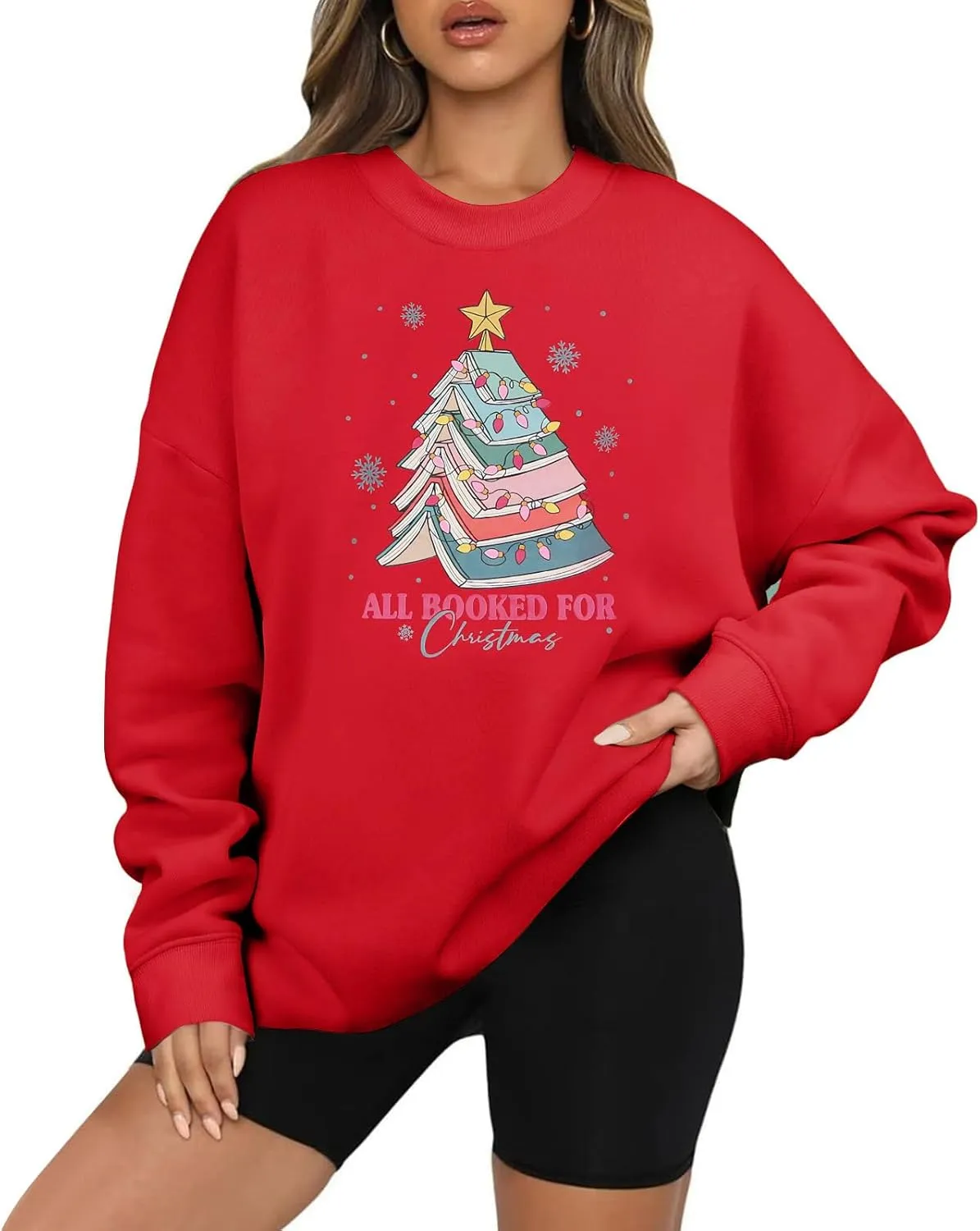 Women All Booked For Christmas Sweatshirt Xmas Book Tree Long Sleeve shirt Librarian Christmas Holiday Tops