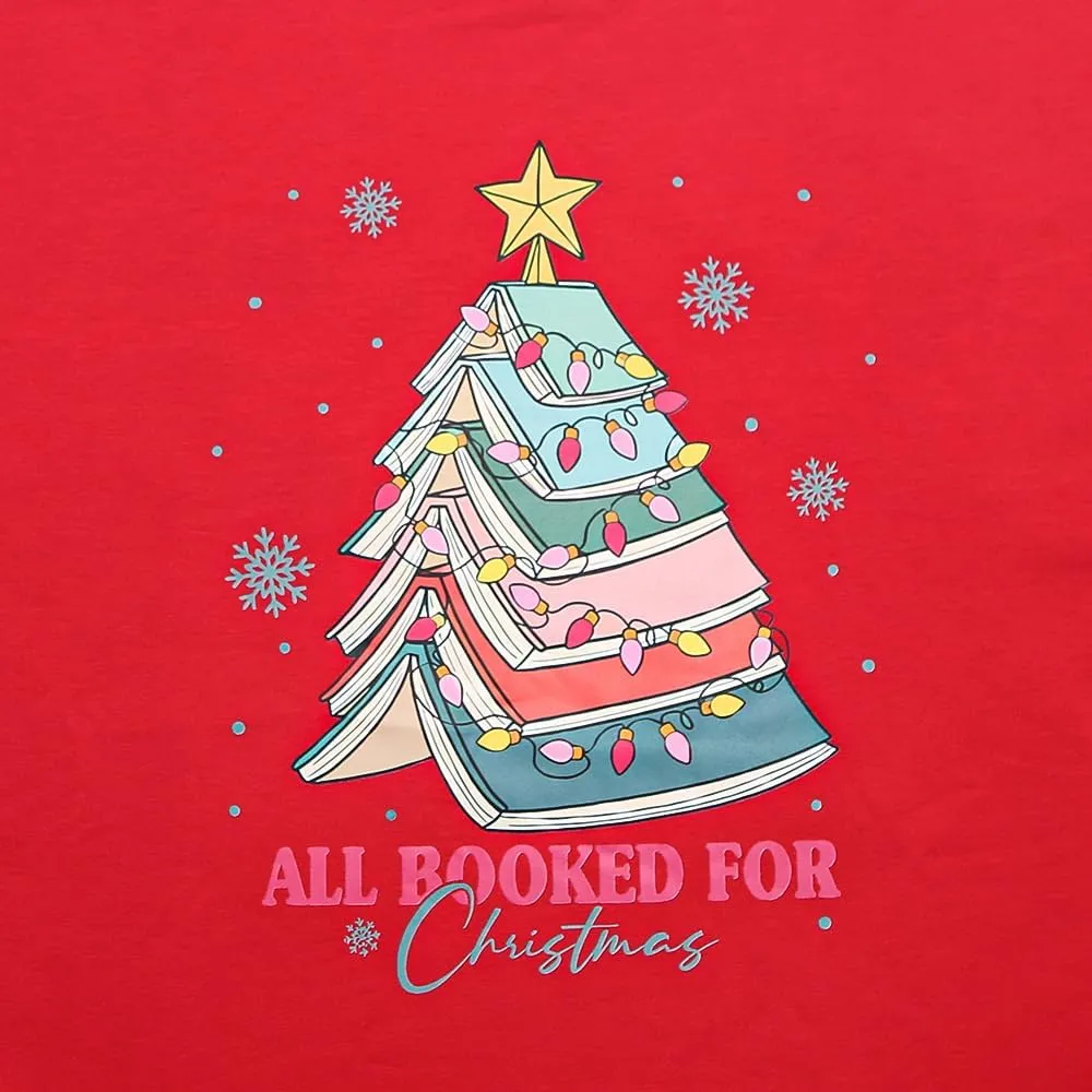 Women All Booked For Christmas Sweatshirt Xmas Book Tree Long Sleeve shirt Librarian Christmas Holiday Tops