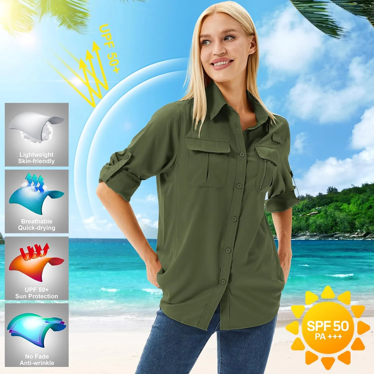Women's Safari Shirts Long Sleeve Hiking Fishing UV Sun Protection UPF 50 ,Quick Dry SPF Breathable Shirts