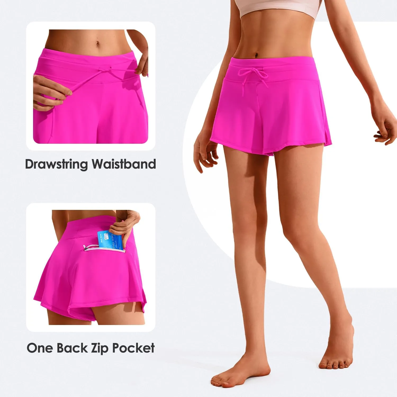 Womens Swim Shorts, Stretchy High Waisted Flowy Beach Skirt Quick Dry Board Shorts Swimsuit with Zipper Pocket
