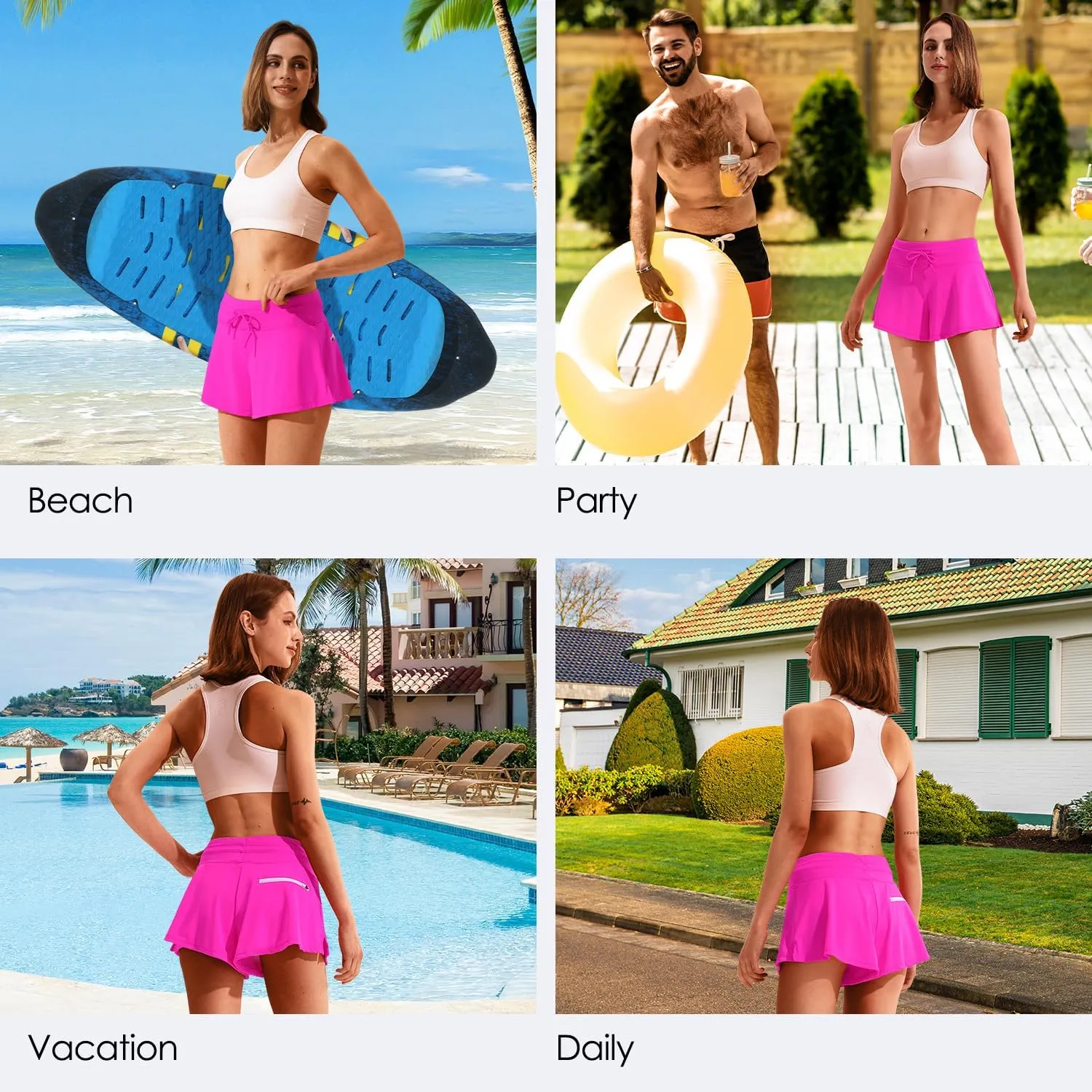 Womens Swim Shorts, Stretchy High Waisted Flowy Beach Skirt Quick Dry Board Shorts Swimsuit with Zipper Pocket