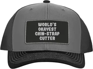 World's Okayest Chin-Strap Cutter - Leather Black Patch Engraved Trucker Hat